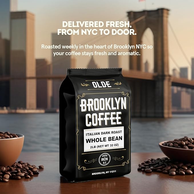 BROOKLYN COFFEE Whole Bean Italian Dark Roast (2lb) Extra Strong Delicious Taste Heavenly Aroma - Fresh Bulk Coffee Beans Roasted Weekly in NYC