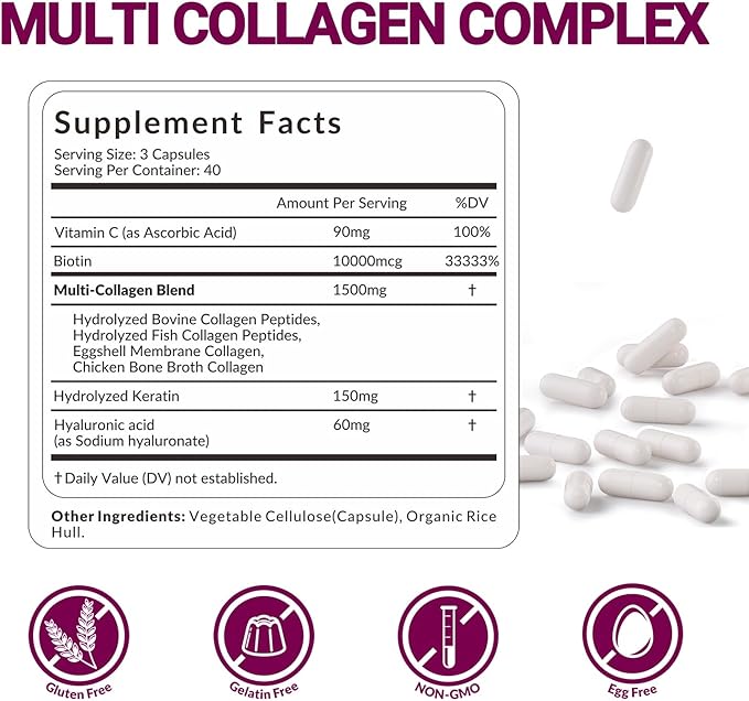 Collagen Peptides for Women Hydrolyzed Collagen Capsules - Type I II III V X - 1500mg Multi Collagen with Biotin Hyaluronic Acid Keratin Vitamin C