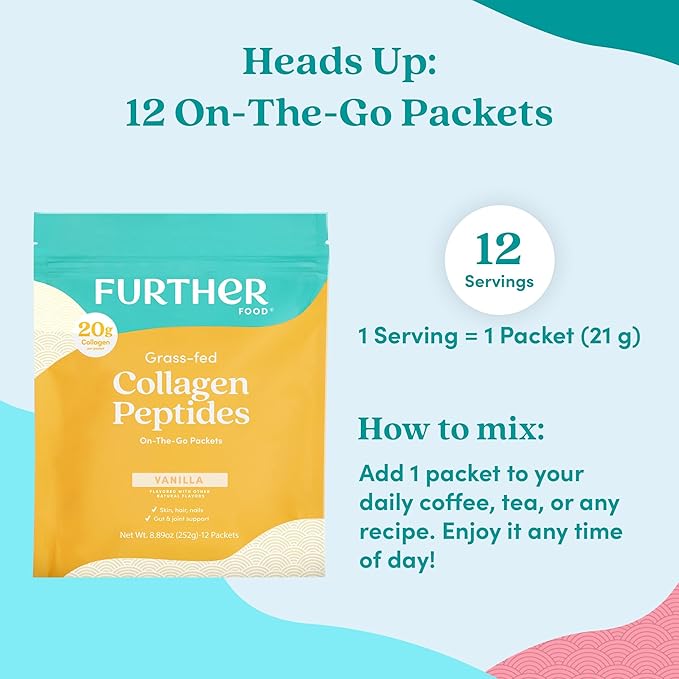 Further Food Vanilla Collagen Peptides Powder with Tremella Mushroom – 100% Grass-Fed Hydrolyzed Type 1 &amp 3 20g of Collagen per Serving Supports Skin Hair Nails &amp Joints Stick Packs 8.8