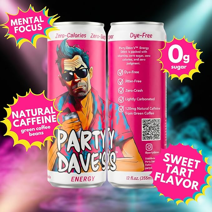 Party Dave's Zero Sugar Energy Drink 12 Pack -120mg Natural Caffeine &amp L-Theanine for Focus B-Vitamins (B6 B12 Biotin) Dye-Free Original Tart &amp Sweet Flavor 12oz Cans
