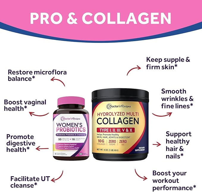 Doctor's Recipes Women’s Probiotics &amp Multi Collagen Powder Bundle Value Pack for Vaginal Skin Hair Nail Health No Gluten Pro (60 Capsules) &amp Collagen (45 Servings)