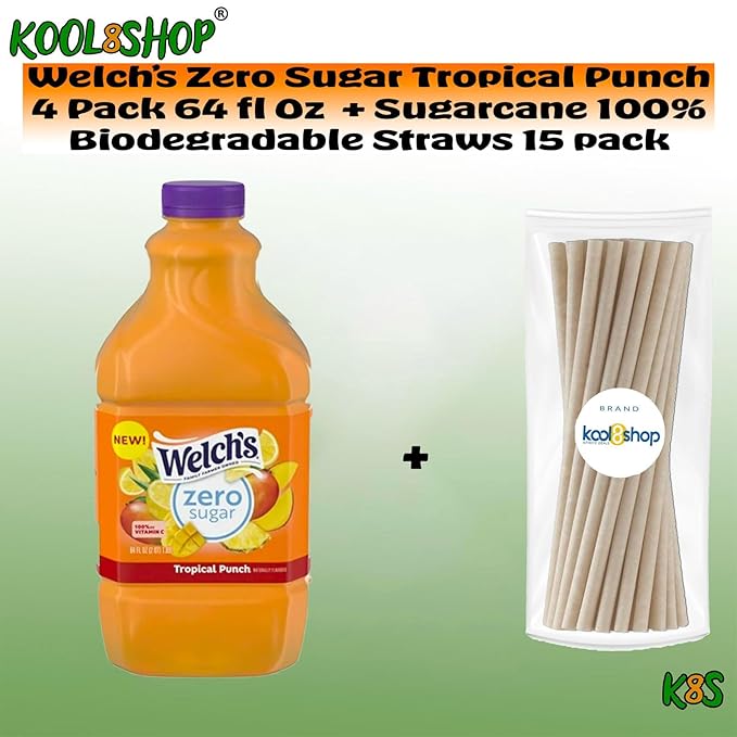 Welch's Zero Sugar Tropical Punch Fruit Juice Drink 64 fl oz Plastic Bottles 4 Pack + 15 Sugarcane Disposable Straws by KOOL8SHOP Infinite Deals