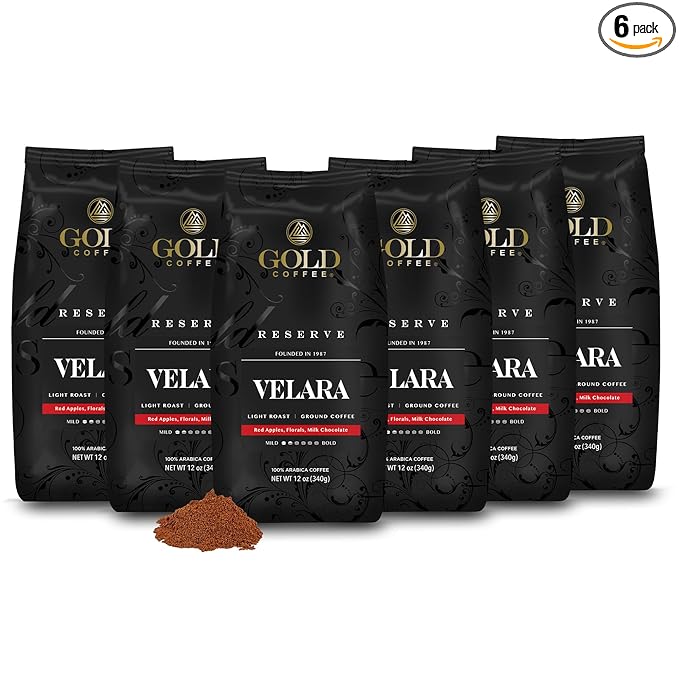 Gold Coffee Co. Velara Premium Blend | Light Roast Ground | 100% Arabica Coffee | 12 oz. (Pack of 6)