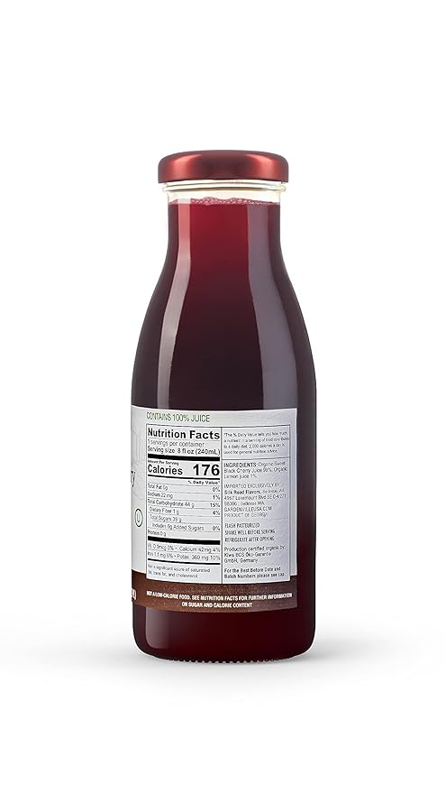 Gardenville Organic Black Cherry Juice (Pack of 12) USDA Organic No Added Sugar U Kosher Certified Pasteurized 8.4 oz Glass Bottles (Black Cherry)