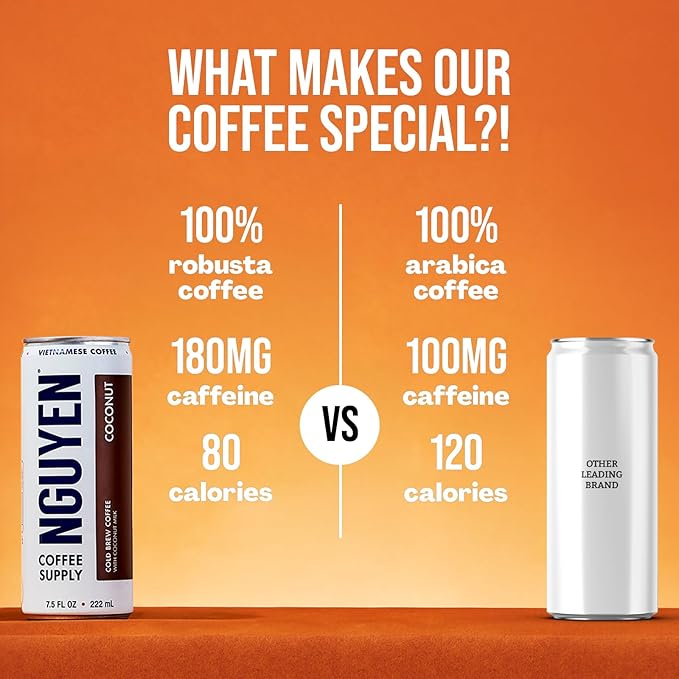 Nguyen Coffee Supply - Coconut: Vietnamese Cold Brew Iced Coffee 100% Robusta Low Sugar Dairy-Free 7.5 fl oz cans [12 Pack]