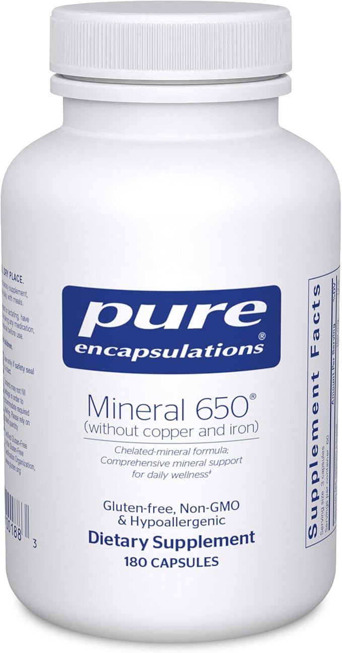Pure Encapsulations Mineral 650 Without Copper &amp Iron | Hypoallergenic Combination of Balanced Chelated|Minerals | 180 Capsules