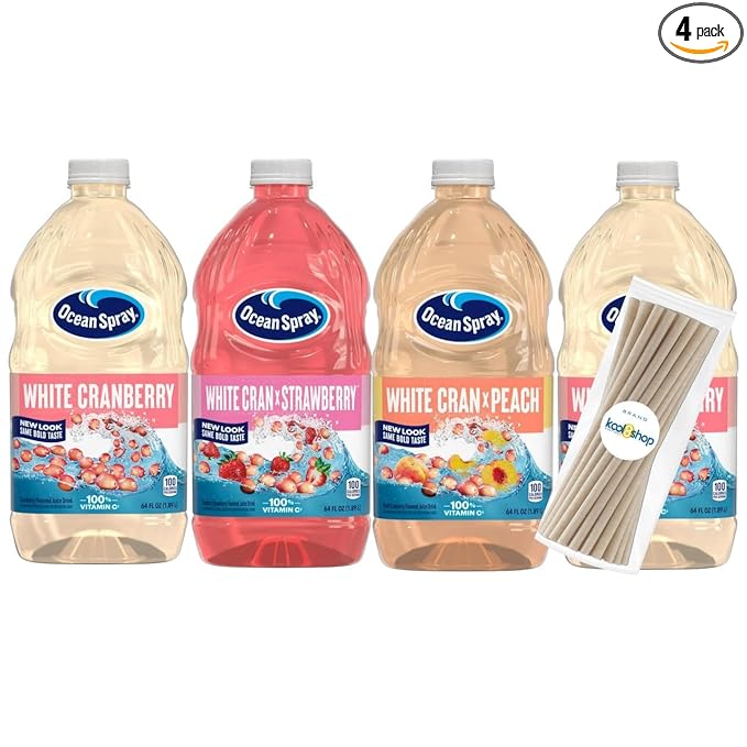 Ocean Spray Variety Pack White Cran Juice Drink Flavors May Vary 64 fl oz Plastic Bottles 4 Pack + 15 Sugarcane Disposable Straws by KOOL8SHOP Infinite Deals