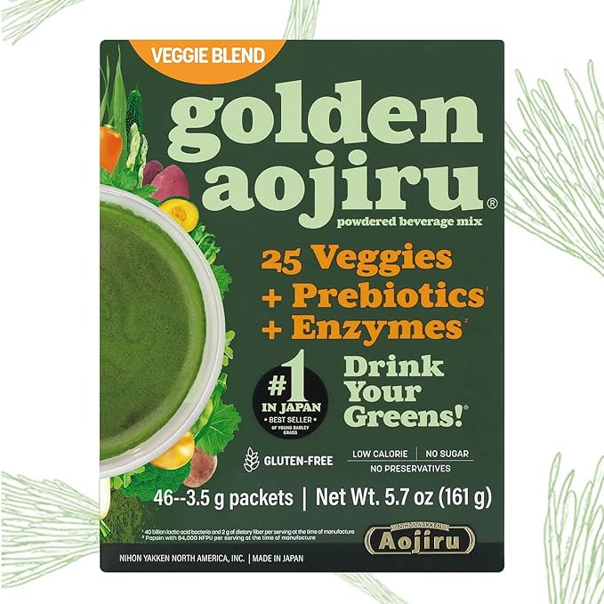 Golden Aojiru Green Superfood Powder – Japanese Barley Grass Juice with 25+ Vegetables Prebiotic &amp Enzymes – Gluten Free Green Juice – 46pcs