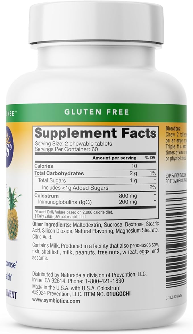 Symbiotics Naturade Colostrum Chewable Tablets – Immune &amp Digestive Support with Lactoferrin Gluten Free Low Sugar Easy Daily Wellness Nutrition (120 Count - Pineapple)