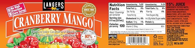 Langers Cranberry Variety Pack Cocktail Raspberry Pineapple Mango 101.4 Fl Oz (Pack of 4)