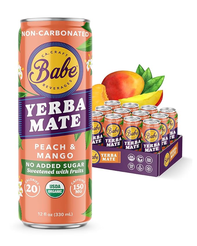 Babe Organic Yerba Mate Energy Drinks | 150mg Plant-Based Caffeine | Natural Yerba Mate Tea with No Crash No Jitters - Peach &amp Mango Zero Sugar (12 x 12oz Cans)