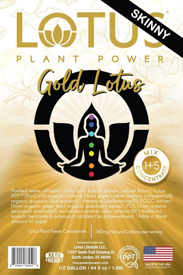 Skinny Gold Lotus Plant Energy Drink Concentrate | Zero Sugar | 64 fl oz | 1:5 | Natural Caffeine from Green Coffee Bean