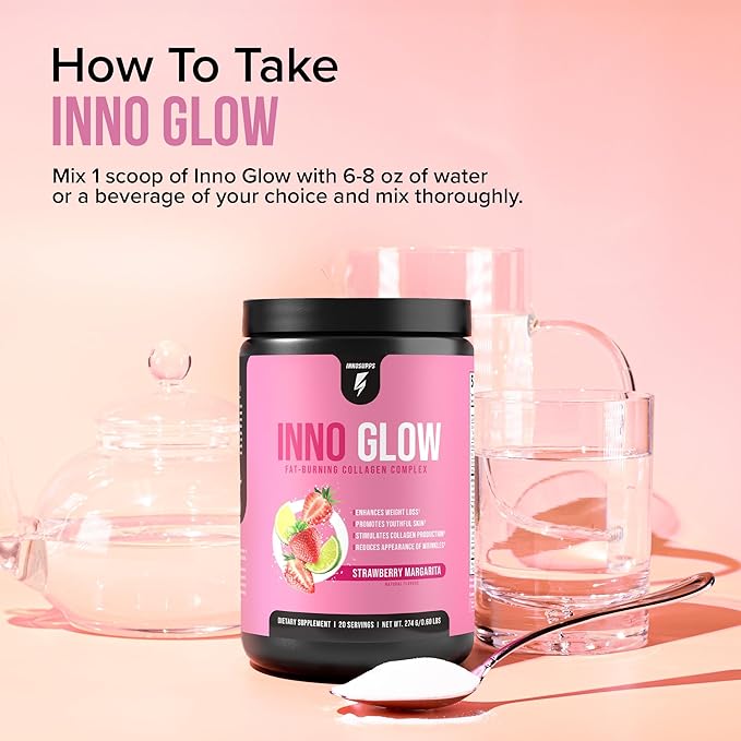 InnoGlow Multi Collagen Peptides Powder for Weight Loss - Thermogenic Fat Burner and Anti Aging Collagen Powder for Women - Hair Skin Nails Joint Support - 20 Servings (Strawberry Margarita)