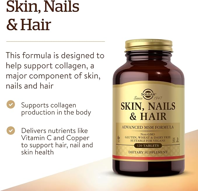 SOLGAR Hair Skin Nails &amp Collagen Bundle: Skin Nails &amp Hair Advanced MSM Formula 120 Tablets + Collagen Hyaluronic Acid Complex 30 Tablet + Biotin 10000 mcg 120 Capsules