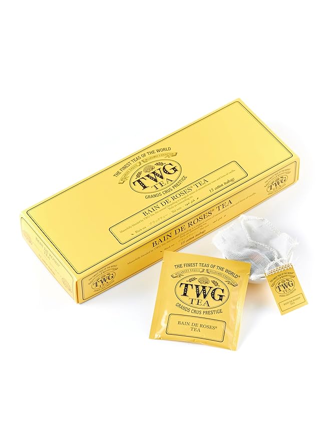 TWG Tea | Bain de Roses Tea | Black Tea | Rosebuds &amp Rose Petals | 15 Hand Sewn Cotton Teabags | Gift Set