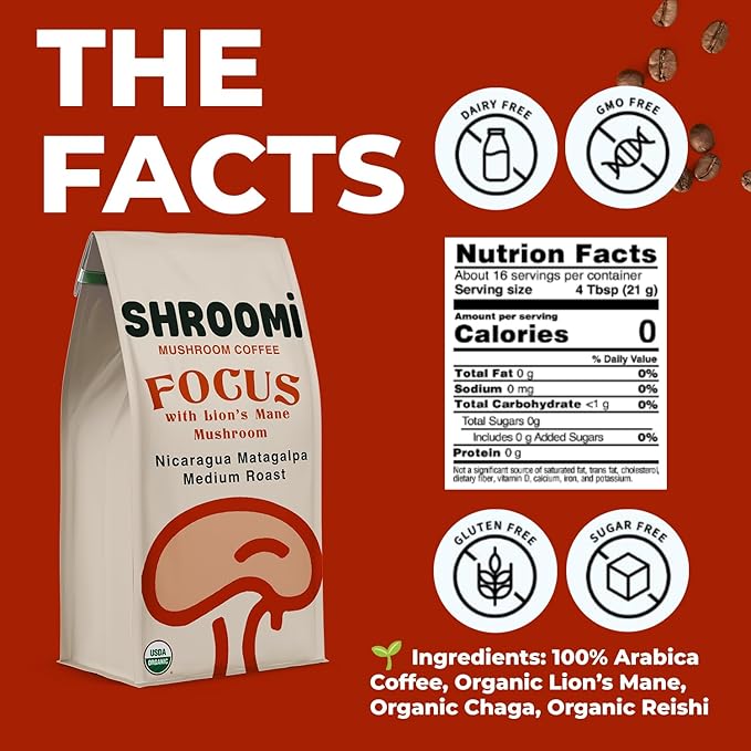 Shroomi Award-Winning Mushroom Focus Coffee - 16000mg Lions Mane Blend | Organic Brain Coffee Ground with Reishi and Chaga | Mental Clarity and Calm Energy | Medium Roast for Morning Clarity | 10oz