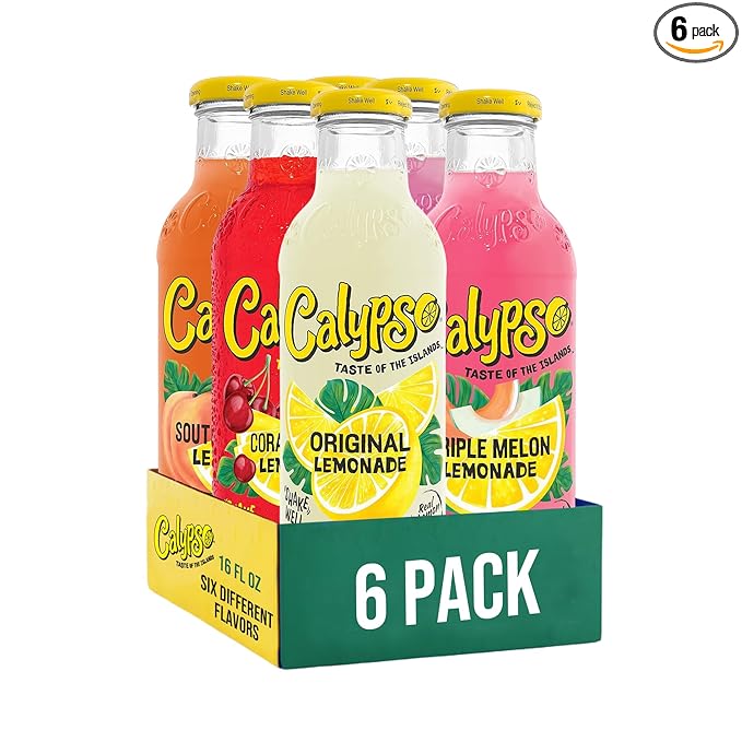 Calypso Lemonade 6 Flavor Variety Pack Made with Real Fruit 16 Fl Oz Glass Bottles (Pack of 6)