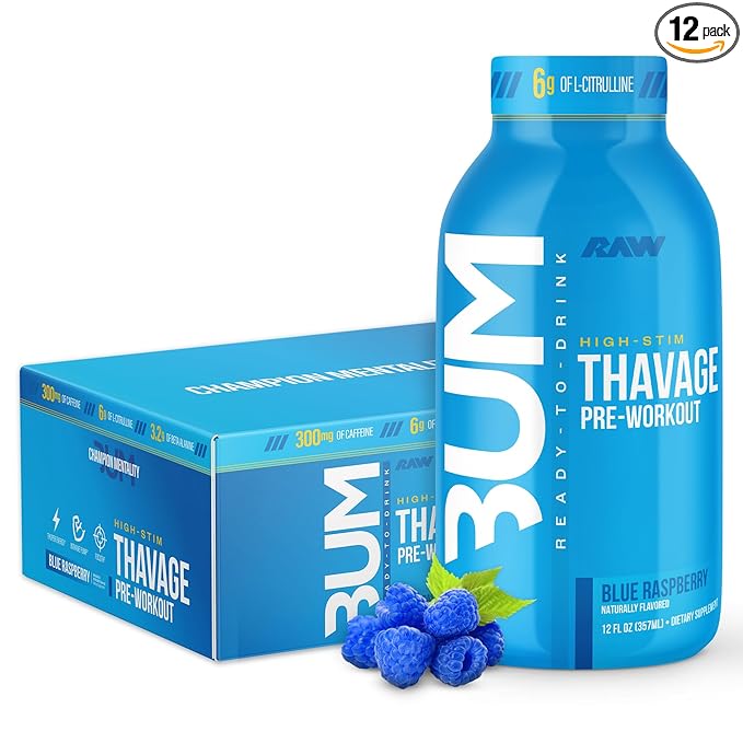 RAW Ready to Drink Pre-Workout Drink - BUM Thavage RTD Preworkout Shakes - Energy Supplement Drinks with Beta Alanine L-Citrulline &amp Caffeine - Zero Sugar (12 Pack Blue Raspberry)
