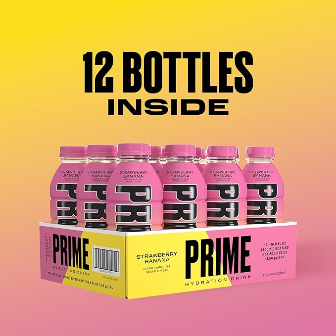PRIME Hydration STRAWBERRY BANANA Sports Drinks Electrolyte Enhanced for Replenishing Fluids 250mg BCAAs B Vitamins Antioxidants Low Sugar 16.9 Fl Oz 12 Pack