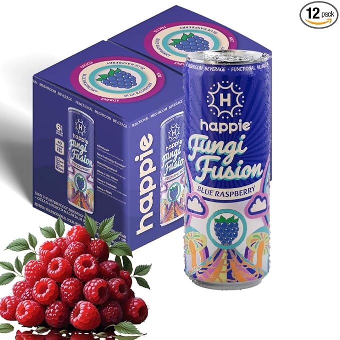 Happie Fungi Fusion Blue Raspberry – Sparkling Adaptogen Drink with Lion’s Mane Cordyceps &amp Red Reishi – Plant-Based Nootropic 40 Calorie Agave Nectar Vegan Wellness Soda Alternative (12 pack)
