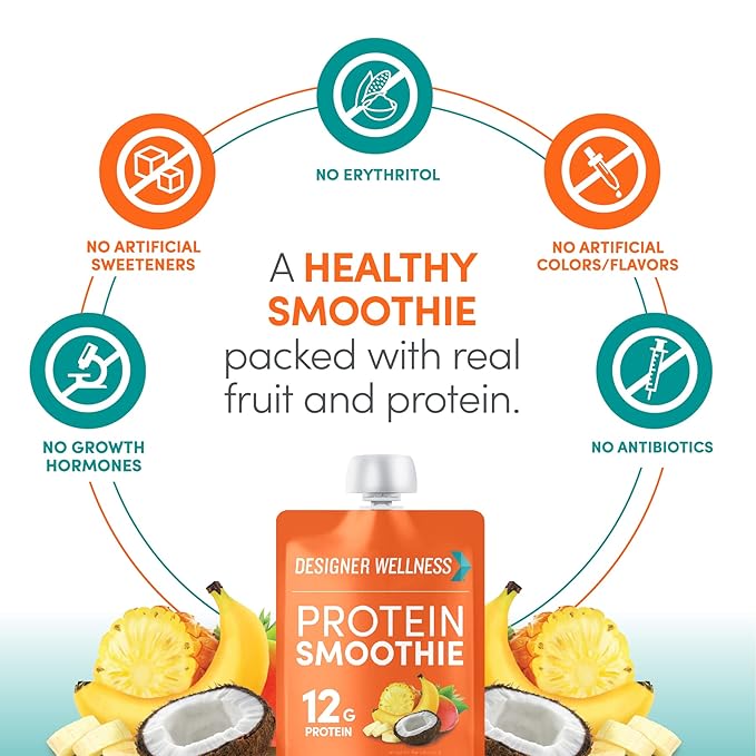 Designer Wellness Protein Smoothie Real Fruit 12g Protein Low Carb Zero Added Sugar Gluten-Free Non-GMO No Artificial Colors or Flavors Tropical 12 Count
