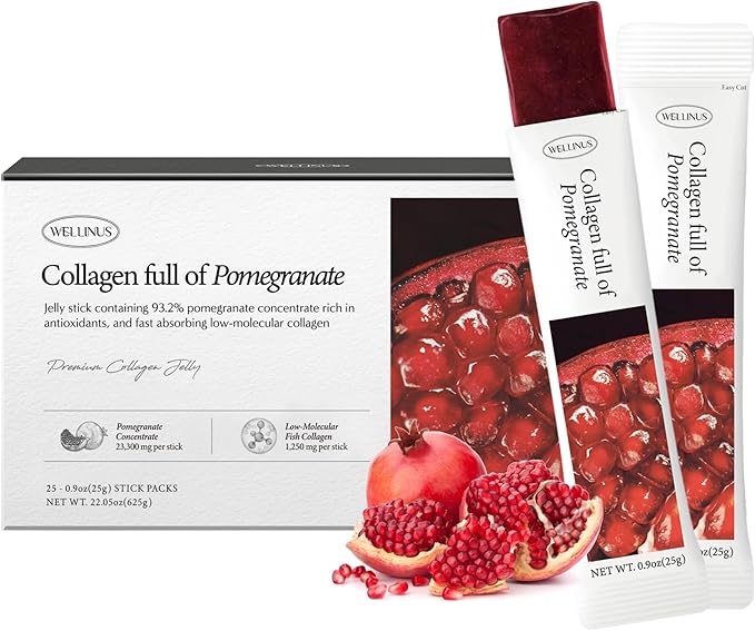 Korean Collagen Jelly Sticks - 25 Pomegranate Flavored Marine Collagen Peptide Snacks for Anti-Aging- Collagen Protein Sugar-Free Travel Packs for Hair &amp Nail Strength