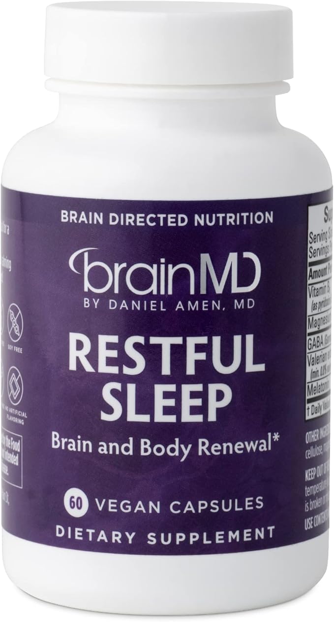 BRAINMD Dr. Amen Restful Sleep - 60 Capsules - Promotes Relaxation &amp Calm Contains Melatonin Valerian GABA &amp Magnesium Non-Habit Forming - Gluten-Free - 15 Servings