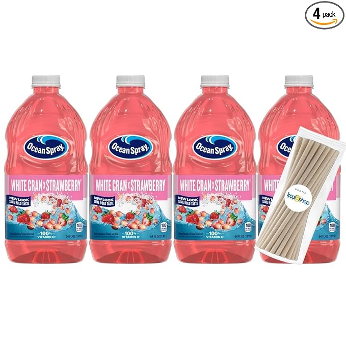 Ocean Spray White Cran Strawberry Juice Drink 64 fl oz Plastic Bottles 4 Pack + 15 Sugarcane Disposable Straws by KOOL8SHOP Infinite Deals