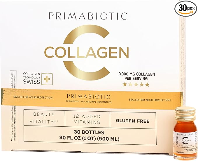 PRIMABIOTIC Liquid Collagen - High Collagen Content [10000 Mg] Per Serving - Hydrolyzed Collagen and 12 Vitamins - Gluten Free- 900 Ml - Pack of 30 Bottles x 30 Ml (1)