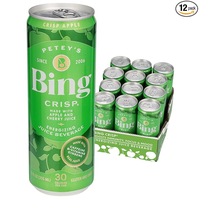 BING CRISP Energizing Juice Beverage – Apple &amp Cherry (12oz/12pk) – Made with REAL Juice! Only 2g added Sugar Low Calorie 5 B-Vitamins &amp Ginseng 100mg Caffeine Vegan Gluten + Dairy Free.