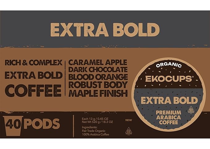 EKOCUPS Organic Extra Bold Roast Coffee Pods Extra 30% More Coffee Per Cup Artisan Fair Trade Dark Roast Extra Bold for Keurig K Cup Machines Recyclable Pods 40 Count