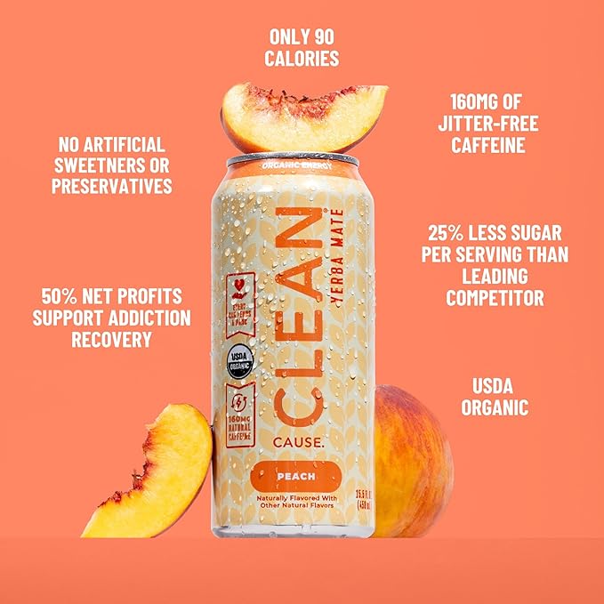 NEW! CLEAN Cause Lemonade &amp Tea and Peach USDA Organic Yerba Mate Tea (15.5oz cans 2-12-Pack Case) Non-Carbonated 160mg Caffeine