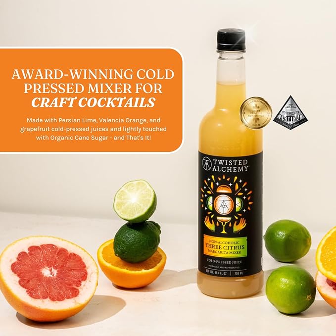 Twisted Alchemy Three Citrus Margarita Mix - Premium Margarita Mixer With Cold Pressed Juice For Craft Cocktails 50% Juice - (25 Oz Bottle Pack of 3) - All Natural Non-GMO &amp Preservative Free -