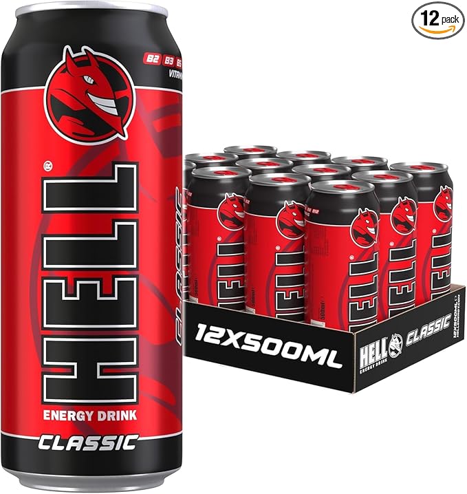 HELL CLASSIC Energy Drink | +20% More Caffeine | Vitamins B2 B3 B6 B12 C &amp D | No Preservatives | Environmentally Friendly Packaging | 12 x 500 ml | Compatible with HELL Energy
