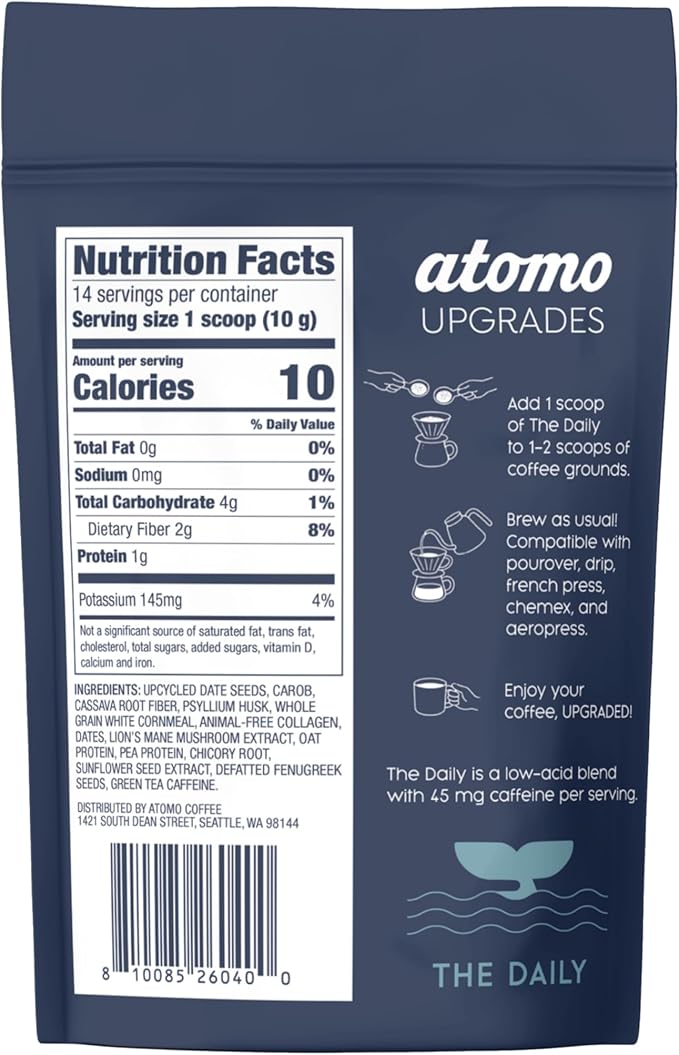 ATOMO - The Daily Refill Pack (28 Servings) Functional Coffee Upgrade – Brews with Your Coffee (Not Instant) – Animal-Free Collagen Lion’s Mane Prebiotic Fiber Lower Acidity &amp Green Tea Caffein
