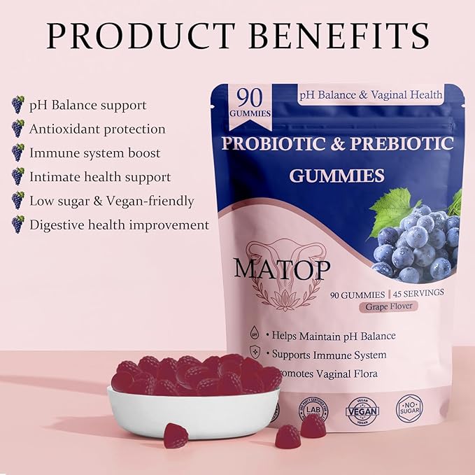 MATOP Vaginal Probiotic Prebiotic Gummies for Women - Vaginal pH Balance &amp Digestive Support Grape Flavor Vegan Sugar-Free Gluten-Free 90 Count
