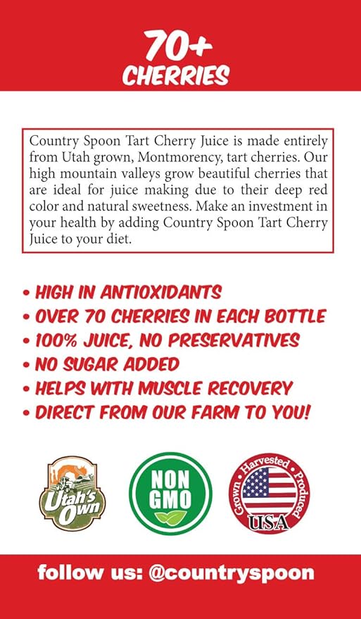 Country Spoon 100% Tart Cherry Juice (70+ Tart Cherries Per 8 oz) 12 Pack | Not from Concentrate Single Ingredient Drink Melatonin Rich Healthy Fruit Drink (Cherry)
