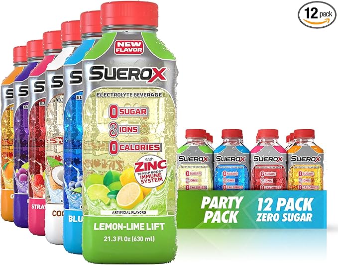 SueroX Zero Sugar Electrolyte Drink for Hydration and Recovery Unique Blend of Electrolytes &amp 8 Ions Zero Calorie Sports Drink 21.3 Fl Oz Party Pack 12 Count