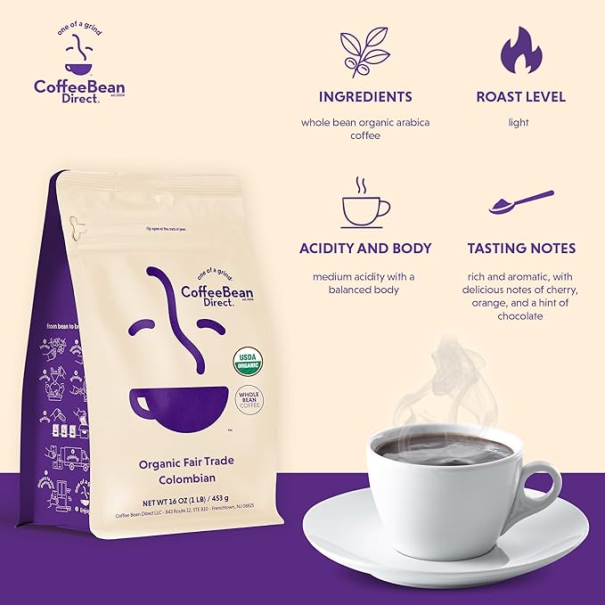 Coffee Bean Direct Organic Fair Trade Colombian Whole Bean Coffee Arabica Coffee Light Roast 1 Pound Bag (Pack of 1)