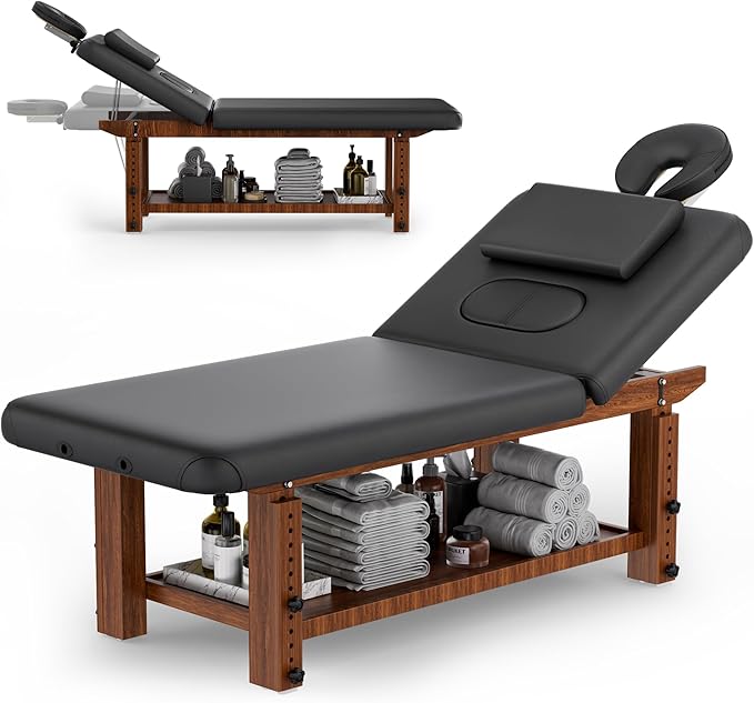 Adjustable Professional Massage Table Wood Stationary Massage Table with Adjustable Height &amp Backrest Eyelash Bed with Large Storage Space C Shape Pillow for Spa Treatment Beauty