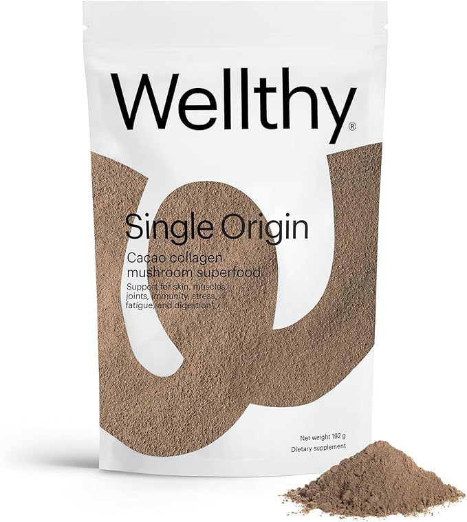 Wellthy Collagen Superfood Powder Fights Stress &amp Fatigue Cacao Mushroom Powder - Organic Chaga &amp Reishi Extracts Certified Organic Matcha Allergen-Free &amp Non-GMO