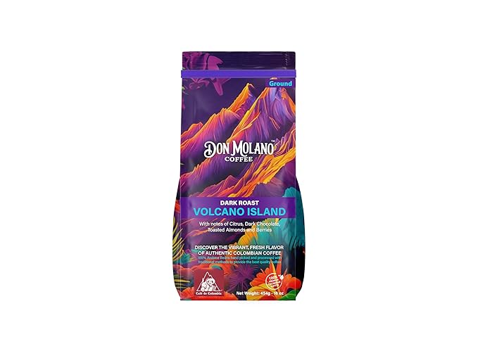 Don Molano Coffee Volcano Island Dark Roast 16oz - Premium Colombian Coffee Halal Certified - Rich bold and full bodied with a deep velvety smoothness and smokey sweetness with notes of Toasted Alm