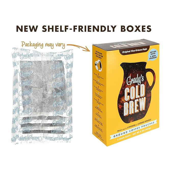 GRADY’S COLD BREW New Orleans Style 100% Arabica Ground Coffee &amp Chicory Pouches TWO Boxes of Four Easy-to-Brew Bean Bags Makes 24 drinks