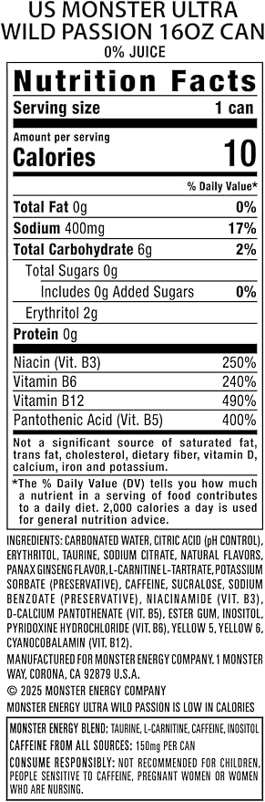 Monster Energy Ultra Wild Passion Sugar Free Energy Drink 16 Ounce (Pack of 15)