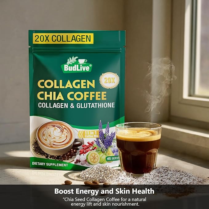 20X Collagen Chia Coffee 11 in 1 Coffee Mix with Collagen &amp Chia Seeds Goji Berry Supports Hair Skin &amp Nails Sugar Free Vegan 45 Servings (9.8Ounce (Pack of 2)