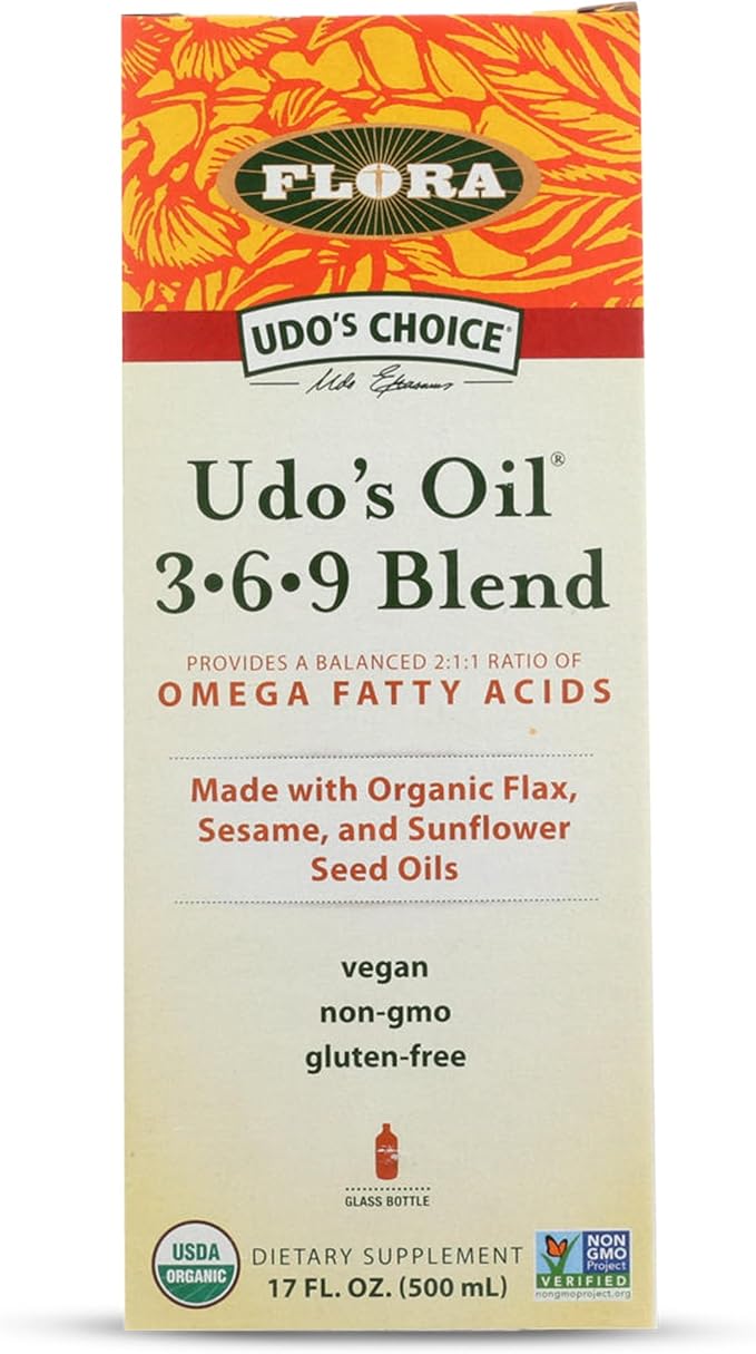 Flora - Udo's Choice Omega 369 Oil Blend Made with Organic Flax Sesame &amp Sunflower Seed Oils Plant-Based Vegan Omega Fatty Acids Based on Ideal 2:1:1 Ratio 17-fl oz. Glass Bottle