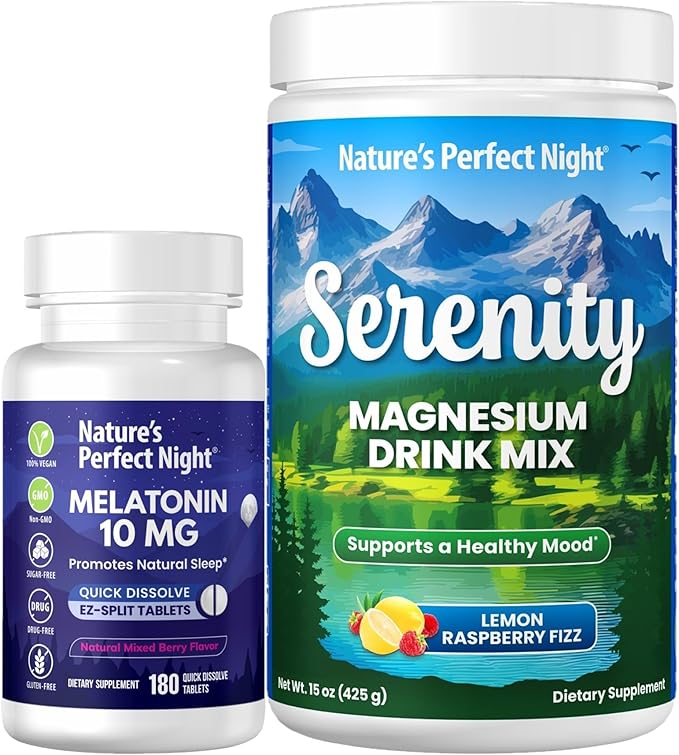 Nature's Perfect Night Melatonin 10mg Quick Dissolve Mixed Berry 180 Count with Serenity Magnesium Powder 15 oz Lemon Raspberry