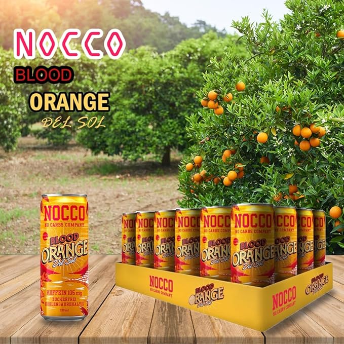 12 cans | NOCCO BCAA DRINK | Blood Orange Del Sol 330 ml | BCAA | 105 mg Caffeine | Energy Drink | Buxtrade