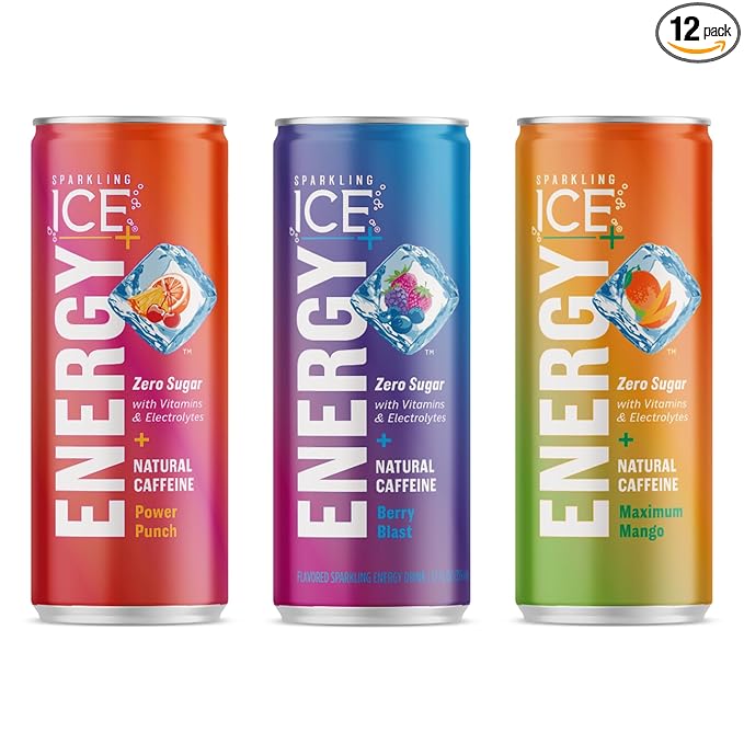 Sparkling Ice +ENERGY Berry Blast &amp Sparkling Ice +ENERGY Power Punch &amp +Energy Maximum Mango Sparkling Water with Vitamins &amp Electrolytes Zero Sugar 12 fl oz Cans (Pack of 12 Each)