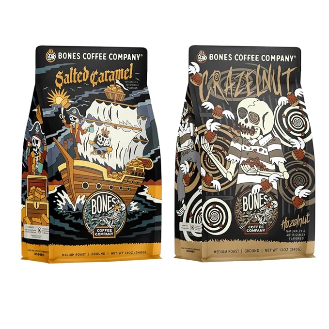 Bones Coffee Company Crazelnut and Salted Caramel Flavored Coffee Medium Roast Low Acid Arabica Beans | Auto drip and French Press Coffee Maker 12 Oz Ground